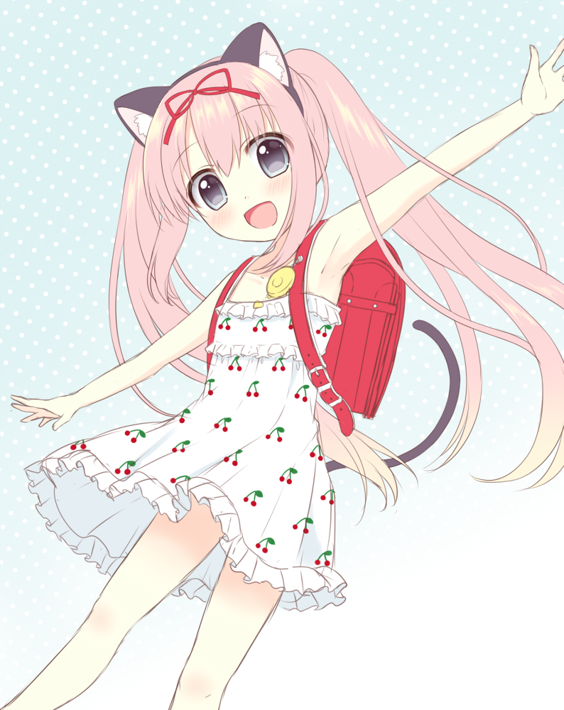 :d animal_ears armpits backpack bag bare_arms bare_shoulders blonde_hair blue_background blue_eyes blush cat_ears cat_girl cat_tail cherry_print collarbone crime_prevention_buzzer dress food_print frilled_dress frills gradient gradient_background gradient_hair hair_ribbon head_tilt long_hair multicolored_hair open_mouth original outstretched_arms pink_hair polka_dot polka_dot_background print_dress randoseru red_ribbon ribbon riria_(happy_strawberry) sleeveless sleeveless_dress smile solo tail tail_raised twintails very_long_hair white_background white_dress
