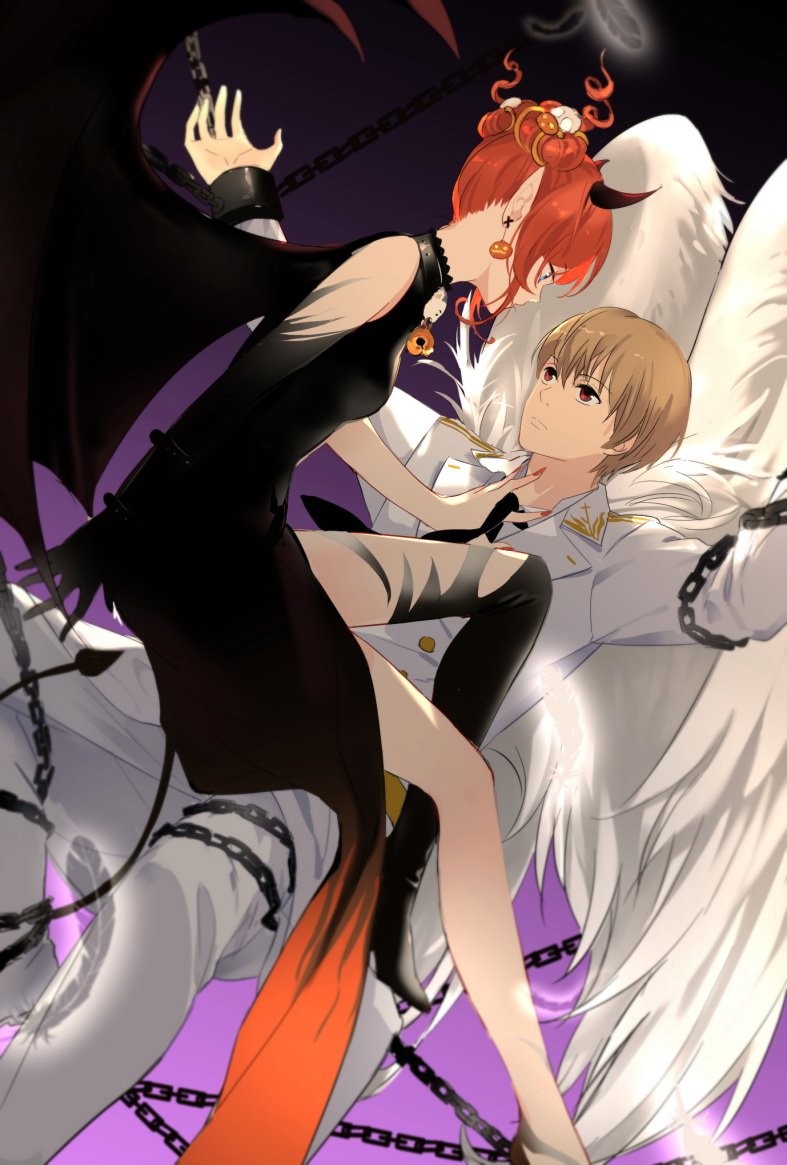1girl asymmetrical_legwear black_dress black_footwear black_wing blue_eyes boots brown_hair cuffs dress earrings eye_contact feathered_wings gintama handcuffs horns jacket jewelry kagura_(gintama) loli_bushi looking_at_another nail_polish okita_sougo pointy_ears red_eyes red_nails short_hair sleeveless sleeveless_dress thigh_boots thighhighs white_jacket white_wings wings