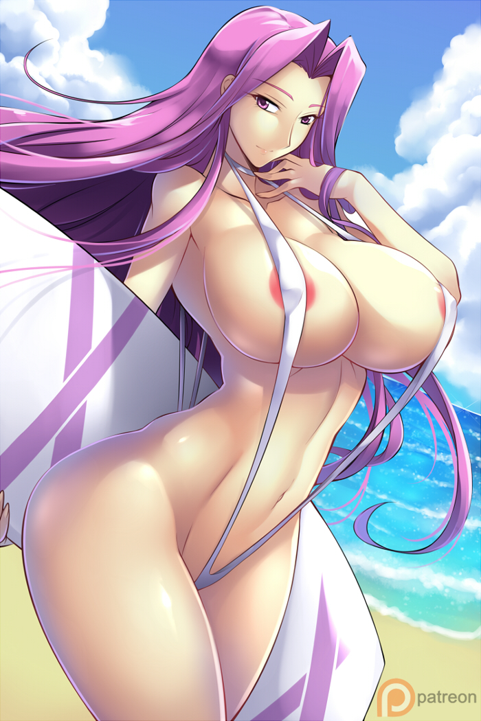 1girl areola_slip areolae bikini blue_sky braid breasts cloud day fate/grand_order fate/stay_night fate_(series) forehead haganef hair_intakes large_breasts long_hair medusa_(lancer)_(fate) ocean outdoors purple_eyes purple_hair rider sky slingshot_swimsuit solo standing very_long_hair