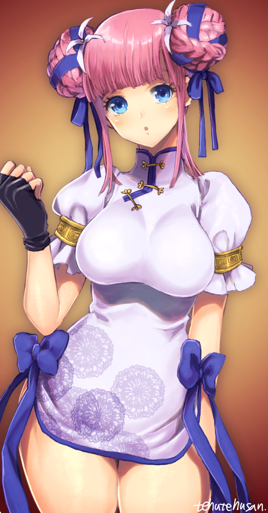 :o blue_eyes braided_bun breasts character_request china_dress chinese_clothes copyright_request cowboy_shot double_bun dress fingerless_gloves gloves highres impossible_clothes large_breasts looking_at_viewer mellowd pelvic_curtain pink_hair puffy_short_sleeves puffy_sleeves short_sleeves side_slit solo