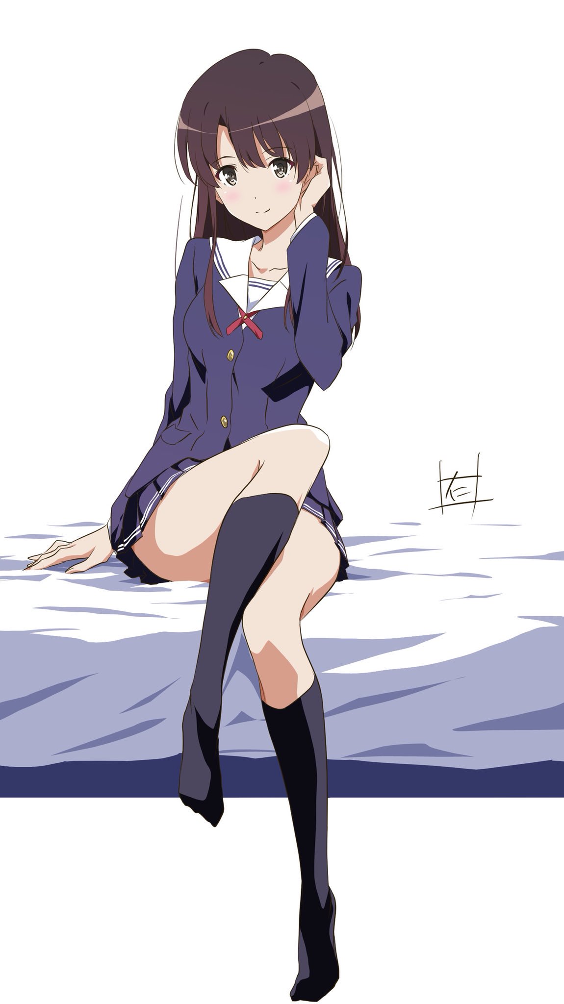 bed black_legwear blue_jacket blue_skirt blush brown_eyes brown_hair collarbone eyebrows_visible_through_hair full_body hand_in_hair highres jacket katou_megumi kneehighs long_hair looking_at_viewer miniskirt nii_manabu pleated_skirt red_ribbon ribbon saenai_heroine_no_sodatekata signature simple_background sitting skirt smile solo white_background