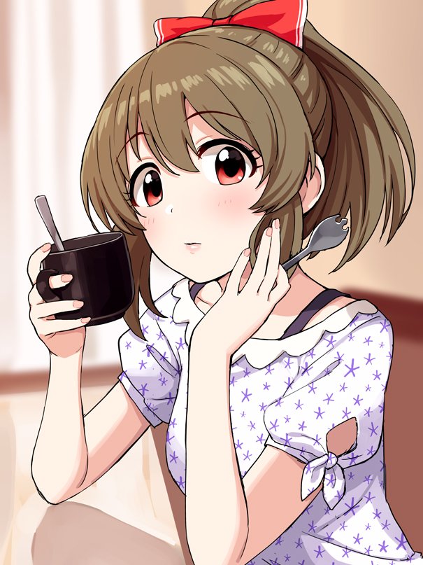 blush bow breasts brown_hair collarbone cup fork hair_bow hand_on_own_cheek head_rest holding holding_cup holding_fork hori_yuuko idolmaster idolmaster_cinderella_girls looking_at_viewer medium_breasts omaru_gyuunyuu ponytail red_bow red_eyes shirt short_sleeves solo spoon star star_print table teaspoon white_shirt