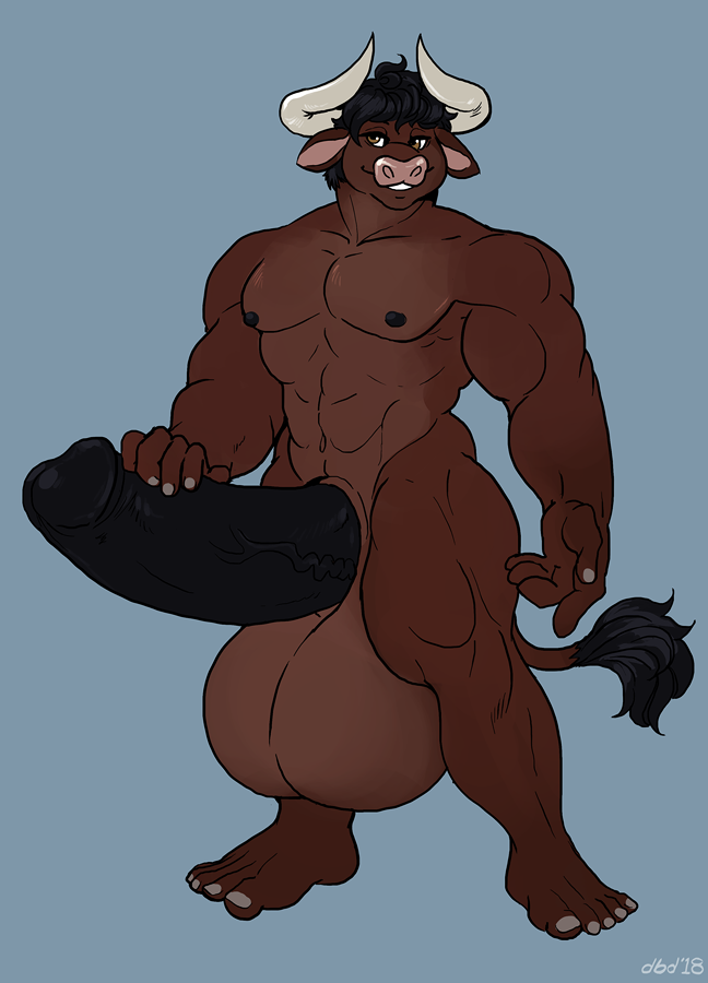 anthro balls big_balls bovine cattle dbd erection hand_on_penis huge_balls hyper hyper_balls hyper_penis male mammal muscular muscular_male nude pecs penis smile solo standing