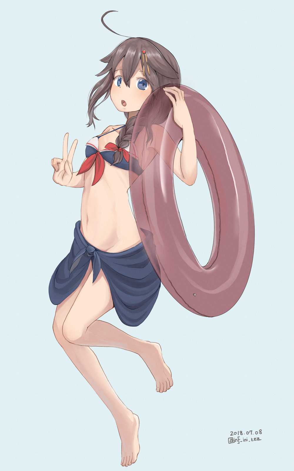 :o adapted_costume ahoge armpit_peek barefoot bikini black_bikini black_hair black_sarong blue_eyes braid breasts collarbone front-tie_top full_body groin hair_between_eyes hair_flaps hair_over_shoulder highres holding holding_innertube infini innertube kantai_collection looking_at_viewer navel open_mouth remodel_(kantai_collection) sarong shigure_(kantai_collection) single_braid small_breasts solo swimsuit v