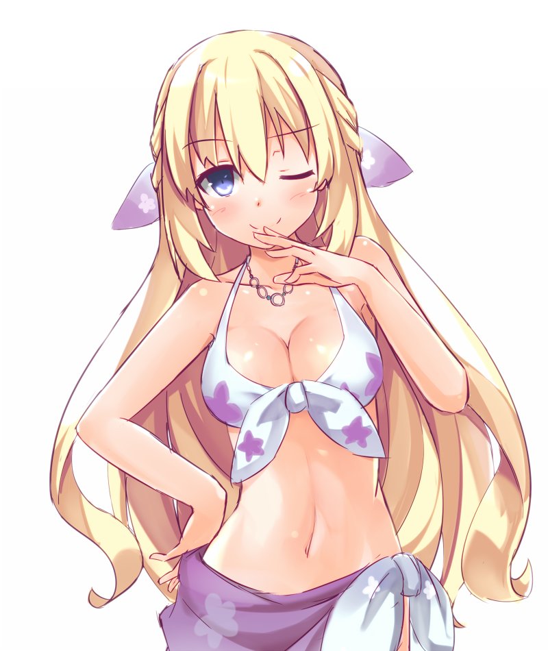 bikini blonde_hair blue_eyes blush breasts eyebrows_visible_through_hair hand_on_own_face himajin_(starmine) jewelry large_breasts long_hair looking_at_viewer navel necklace neptune_(series) one_eye_closed simple_background smile solo swimsuit vert very_long_hair white_background