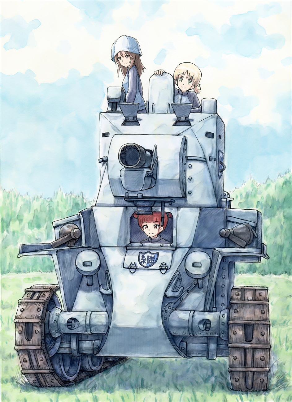 aki_(girls_und_panzer) blue_hat blue_jacket blue_sky brown_eyes brown_hair bt-42 caterpillar_tracks closed_mouth cloud cloudy_sky commentary day emblem girls_und_panzer green_eyes ground_vehicle hair_tie hat highres jacket keizoku_(emblem) keizoku_military_uniform light_brown_hair long_sleeves mika_(girls_und_panzer) mikko_(girls_und_panzer) military military_uniform military_vehicle motor_vehicle multiple_girls omachi_(slabco) outdoors raglan_sleeves red_eyes red_hair riding short_hair short_twintails sky smile tank track_jacket traditional_media twintails uniform