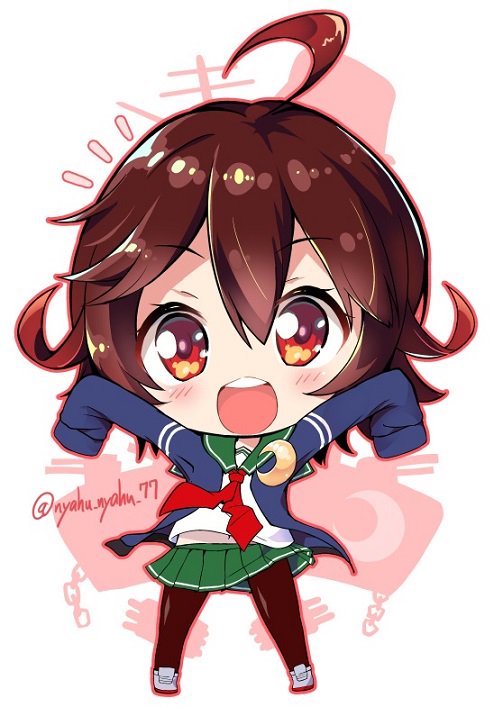 :o ahoge blush chibi commentary_request crescent crescent_moon_pin eyebrows_visible_through_hair full_body hair_between_eyes kantai_collection long_sleeves looking_at_viewer midriff_peek mutsuki_(kantai_collection) navel nyafu_(moai_lion) pantyhose pleated_skirt red_eyes red_hair remodel_(kantai_collection) school_uniform serafuku short_hair skirt sleeves_past_fingers sleeves_past_wrists solo standing teeth twitter_username upper_teeth