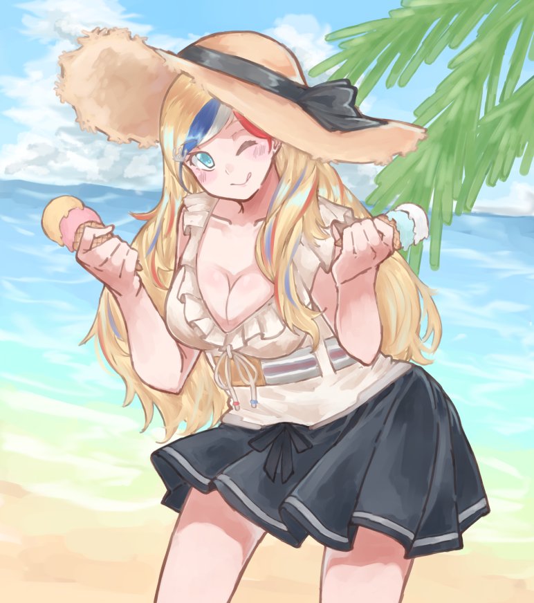 aqua_eyes az_toride bangs beach belt belt_buckle blouse breasts buckle cleavage cloud cloudy_sky collarbone commandant_teste_(kantai_collection) commentary food hat hat_ribbon holding holding_food ice_cream_cone kantai_collection large_breasts long_hair low_neckline multicolored_hair ocean one_eye_closed outdoors pleated_skirt ribbon shore skirt sky smile solo streaked_hair sun_hat swept_bangs tongue tongue_out