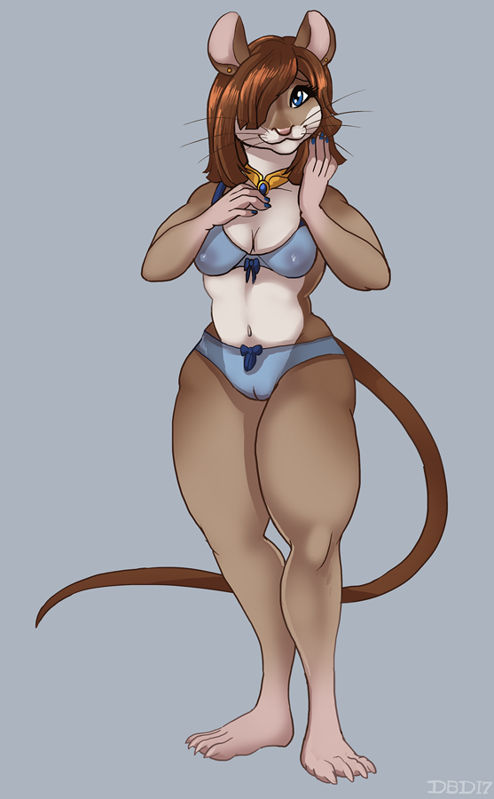 anthro blue_eyes bow bra breasts brown_fur brown_hair camel_toe choker clothing dbd ear_piercing female fur hair looking_at_viewer mammal mouse nipples panties piercing rodent smile solo thick_thighs underwear whiskers