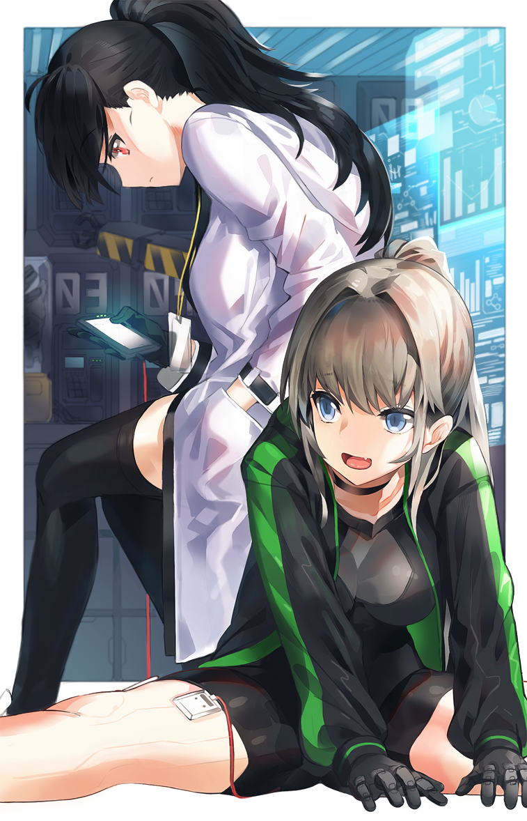 :d bike_shorts black_hair black_legwear blonde_hair blue_eyes breasts choker commentary fang hand_in_pocket holographic_monitor jacket kfr labcoat lanyard long_hair medium_breasts multiple_girls open_mouth original ponytail profile red_eyes sitting smile spread_legs thighhighs track_jacket