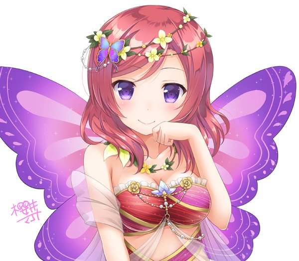 bandeau blush butterfly_hair_ornament butterfly_wings clenched_hand collarbone eyebrows_visible_through_hair flower flower_necklace frilled_bandeau frills hair_ornament hand_up head_wreath jewelry looking_at_viewer love_live! love_live!_school_idol_project medium_hair necklace nishikino_maki purple_eyes red_bandeau sakurai_makoto_(custom_size) shawl signature simple_background smile solo upper_body white_background wings yellow_flower