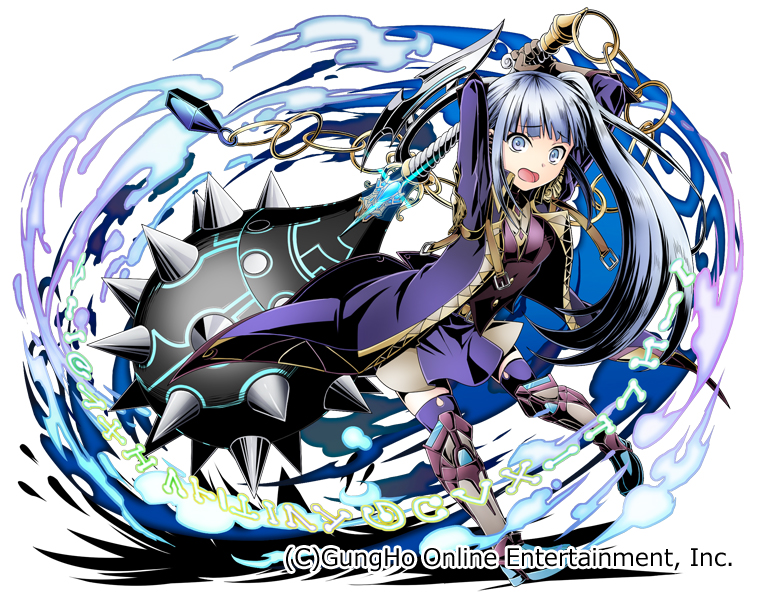 :o arms_up blue_eyes brown_gloves chain copyright_request full_body gloves holding holding_weapon jacket long_hair mace magic official_art purple_jacket purple_legwear side_ponytail silver_hair solo standing subaru_(hz) thighhighs watermark weapon