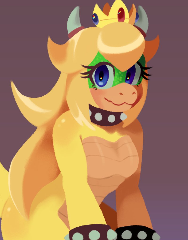 alternate_species anthro blonde_hair blue_eyes breasts brown_scales choker closed_smile crown curved_horn female fiinel green_scales hair koopa mario_bros nintendo non-mammal_breasts princess_koopa princess_peach scales scalie small_breasts video_games yellow_scales