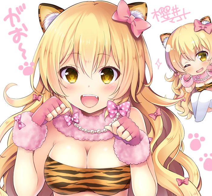 :d ;d animal_ears animal_print bandeau bangs blonde_hair blush bow breasts chibi chibi_inset cleavage commentary_request eyebrows_visible_through_hair fangs fingerless_gloves fur_collar gao gloves hair_bow jewelry large_breasts long_hair multiple_views necklace one_eye_closed open_mouth original pantyhose paw_pose paw_print pearl_necklace pink_bow pink_gloves polka_dot polka_dot_bow sakurai_makoto_(custom_size) signature smile tiger_ears tiger_print upper_body upper_teeth wavy_hair white_background white_legwear wristband yellow_eyes