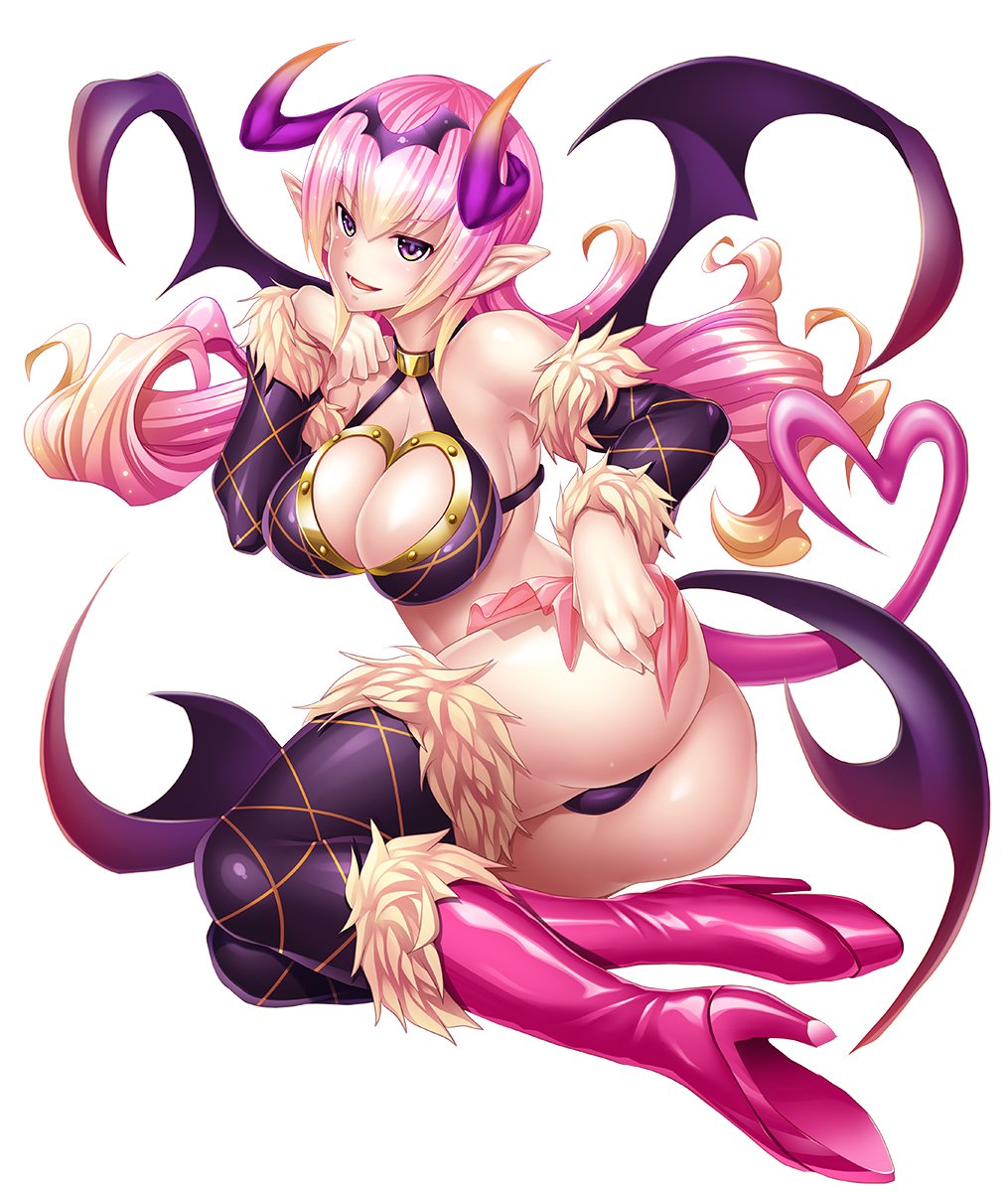 1girl asahi ass bikini boots breasts demon_girl female full_body heart_cutout horns huge_ass large_breasts looking_at_viewer lying mireille_(taimanin_asagi) pink_hair pointy_ears shiny shiny_skin simple_background skirt smile solo succubus taimanin_(series) taimanin_asagi taimanin_asagi_battle_arena white_background wings
