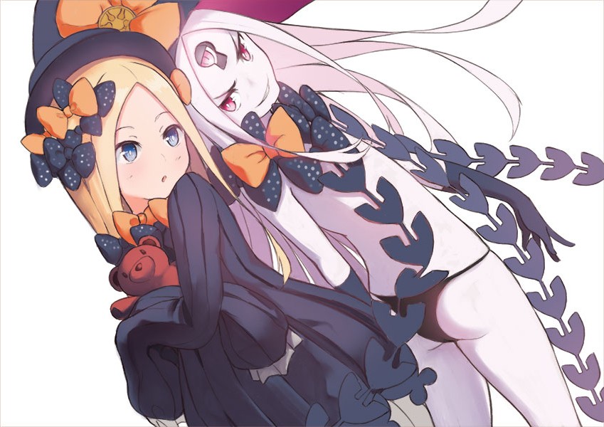 :o abigail_williams_(fate/grand_order) ass bangs black_bow black_dress black_gloves black_hat black_panties blonde_hair blue_eyes bow bug butterfly commentary dress dual_persona dutch_angle elbow_gloves fate/grand_order fate_(series) gloves hair_bow hat head_tilt insect long_hair long_sleeves looking_at_viewer looking_to_the_side multiple_girls object_hug orange_bow pale_skin panties parted_bangs parted_lips pixiv_fate/grand_order_contest_2 polka_dot polka_dot_bow red_eyes revealing_clothes s.w simple_background sleeves_past_fingers sleeves_past_wrists smirk stuffed_animal stuffed_toy teddy_bear underwear very_long_hair white_background witch_hat