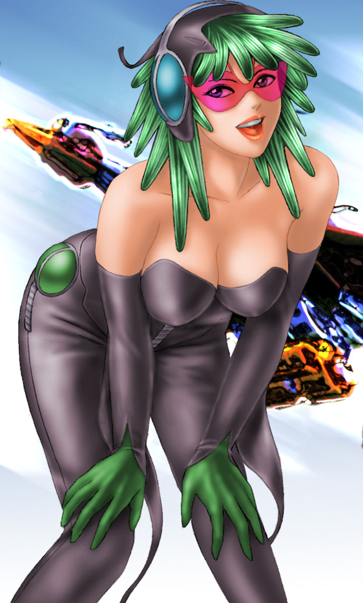1girl bare_shoulders bird black_detached_sleeves breasts character_request cleavage collarbone copyright_request detached_sleeves erect_nipples female gloves green_gloves green_hair headgear large_breasts leaning leaning_forward lips lipstick looking_at_viewer makeup mecha medium_breasts neck open_mouth orange_lipstick outdoors round_teeth short_hair sky smile strapless teeth tongue toten_(der_fuhrer) visor