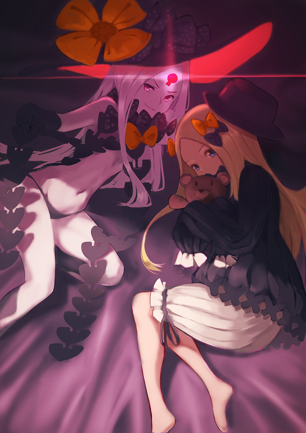 abigail_williams_(fate/grand_order) bangs barefoot black_bow black_dress black_gloves black_hat black_legwear black_panties blonde_hair bloomers blue_eyes bow bug butterfly commentary covered_mouth dress dual_persona elbow_gloves fate/grand_order fate_(series) forehead gloves glowing hair_bow hat hat_bow highres insect keyhole kneehighs long_hair long_sleeves lying multiple_girls navel object_hug on_stomach orange_bow pale_skin panties parted_bangs parted_lips polka_dot polka_dot_bow purple_eyes revealing_clothes s.w silver_hair sleeves_past_fingers sleeves_past_wrists smirk stuffed_animal stuffed_toy teddy_bear underwear v-shaped_eyebrows very_long_hair white_bloomers witch_hat