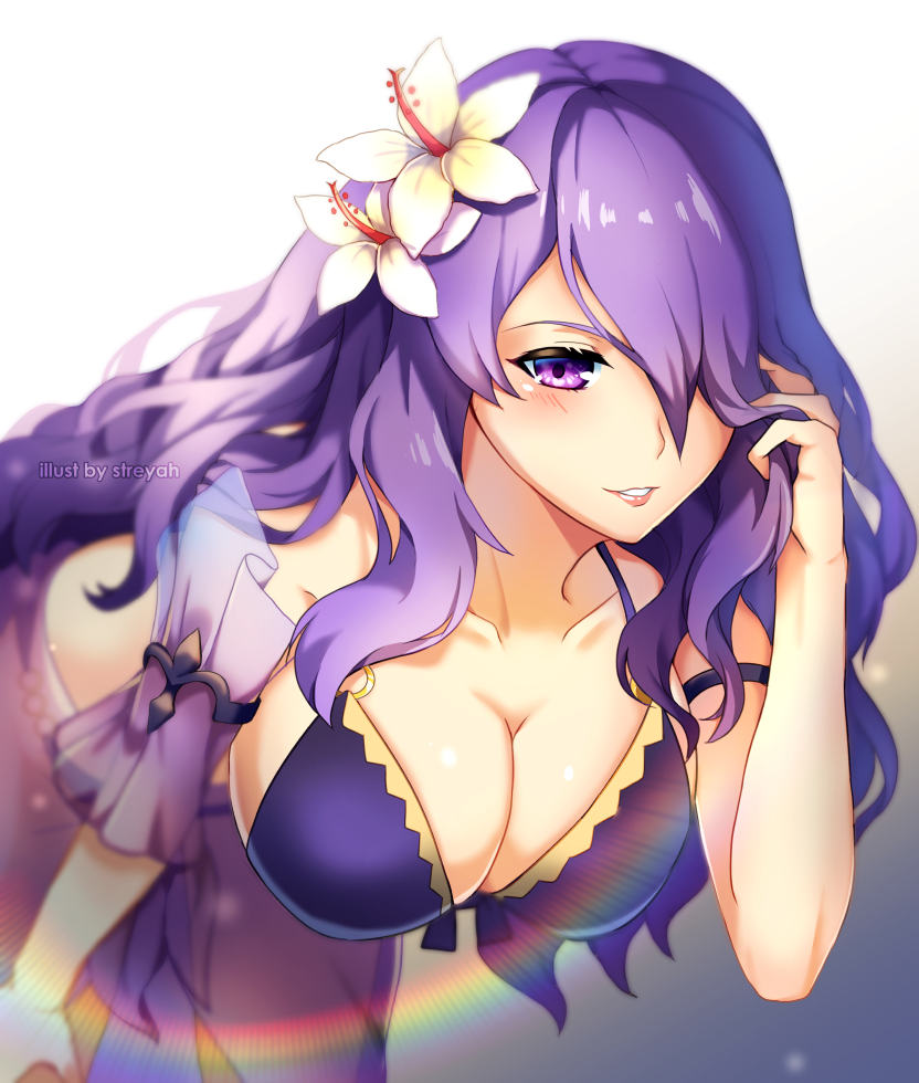 bikini breasts camilla_(fire_emblem_if) cleavage commentary fire_emblem fire_emblem_heroes fire_emblem_if flower hair_flower hair_ornament hair_over_one_eye hand_in_hair hanging_breasts large_breasts leaning_forward lips long_hair parted_lips purple_eyes purple_hair solo streya swimsuit