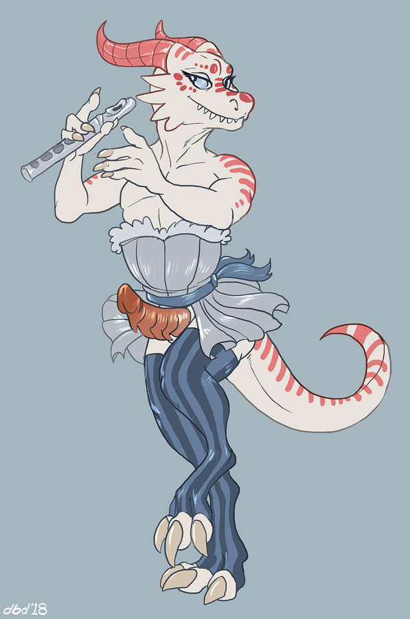 anthro clothed clothing crossdressing dbd dress erection flute girly horn kobold legwear makeup male mascara musical_instrument smile solo thigh_highs