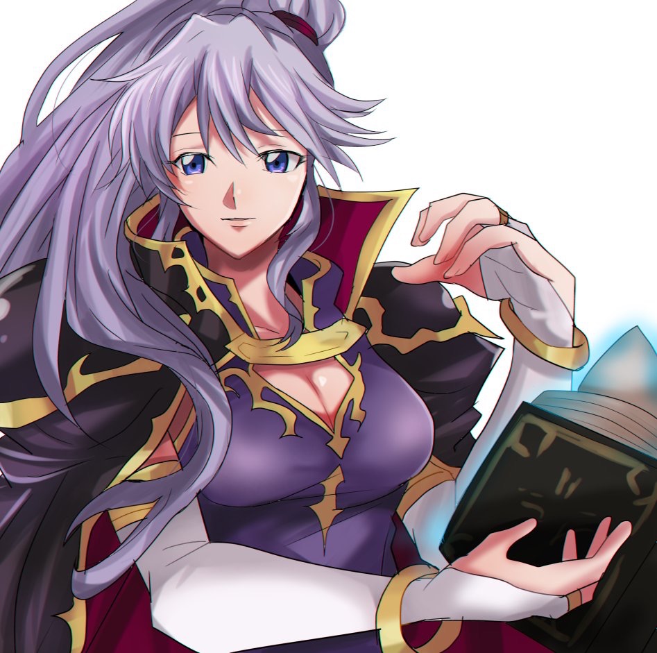 bad_id bad_tumblr_id blue_eyes book breasts cape elbow_gloves fire_emblem fire_emblem:_seisen_no_keifu gloves holding holding_book ishtar_(fire_emblem) large_breasts long_hair looking_at_viewer pauldrons purple_hair rem_sora410 simple_background smile solo white_background