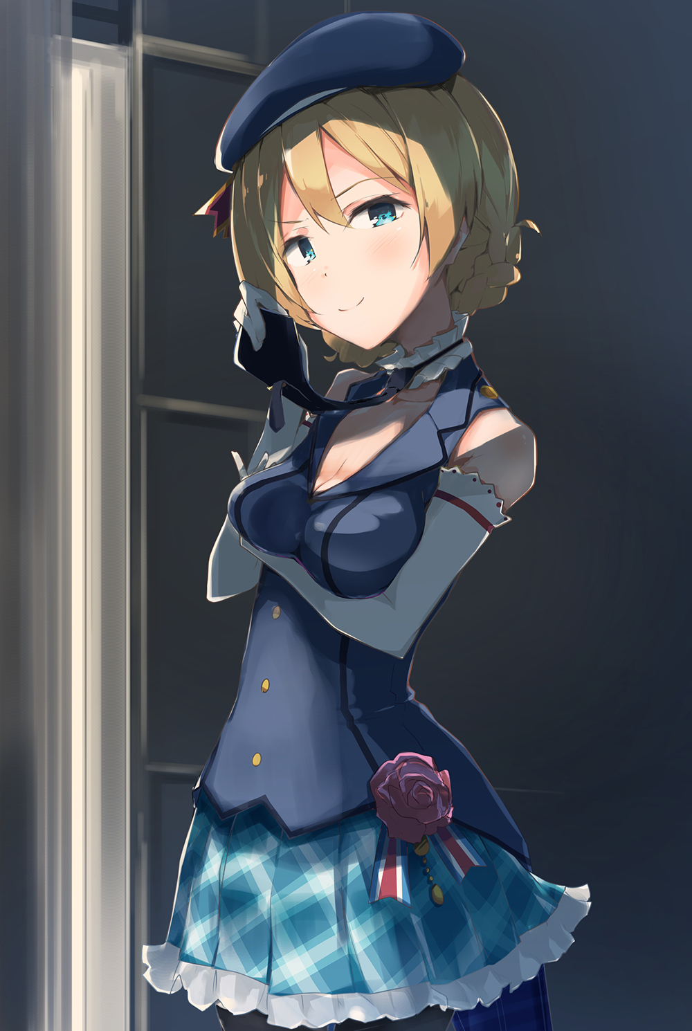 alternate_costume arm_under_breasts bangs beret black_neckwear blonde_hair blue_eyes blue_hat blue_skirt braid breast_hold breasts closed_mouth collar commentary cowboy_shot darjeeling elbow_gloves flower frilled_collar frilled_skirt frills girls_und_panzer gloves half-closed_eyes hat highres idol indoors looking_at_viewer medium_breasts miniskirt necktie necktie_grab neckwear_grab plaid plaid_skirt pleated_skirt raised_eyebrows rose short_hair shuiro_(frog-16) skirt sleeveless_jacket smile solo standing tied_hair twin_braids white_collar white_gloves