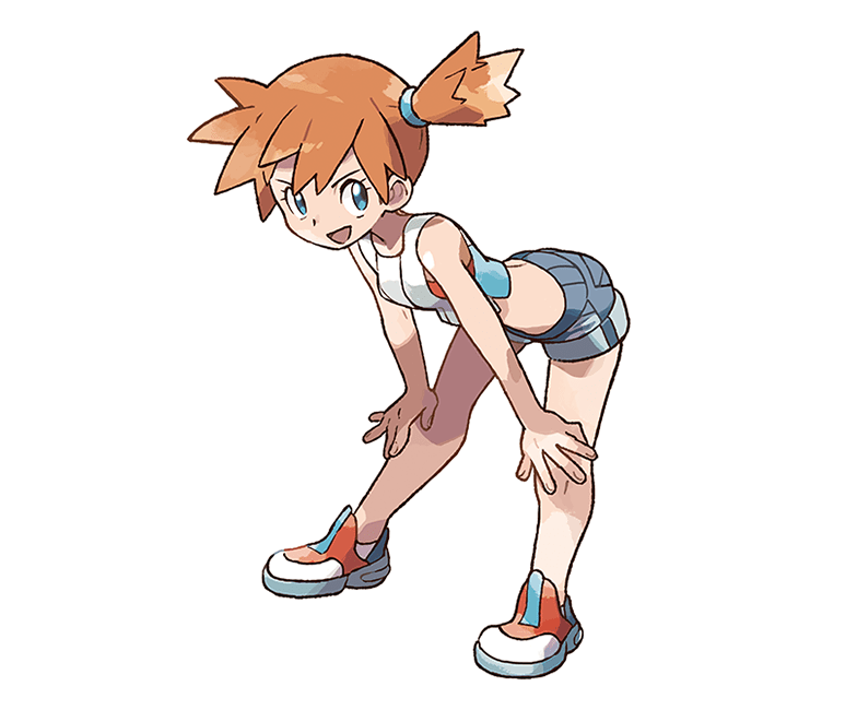artist_request bent_over blue_eyes blue_shorts breasts crop_top full_body hair_tie hands_on_own_knees happy kasumi_(pokemon) legs_apart looking_to_the_side midriff mizutani_megumi official_art open_mouth orange_hair outline pokemon pokemon_(game) pokemon_lgpe red_footwear shirt shoes short_hair short_shorts shorts side_ponytail sleeveless sleeveless_shirt small_breasts smile solo standing tied_hair transparent_background white_outline white_shirt