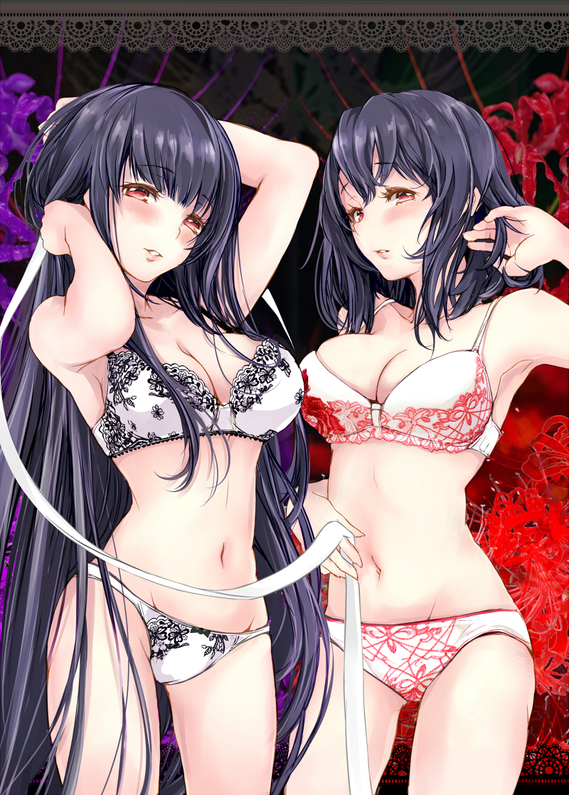 armpits bangs bare_shoulders black_hair blush bra breasts cleavage collarbone commentary_request cowboy_shot eyebrows_visible_through_hair fusou_(kantai_collection) groin hair_ornament half-closed_eyes hand_in_hair hands_in_hair kantai_collection large_breasts lingerie long_hair looking_at_viewer multiple_girls navel open_mouth panties parted_lips red_eyes rizzl short_hair sidelocks skindentation smile stomach thighs underwear underwear_only white_bra white_panties yamashiro_(kantai_collection)