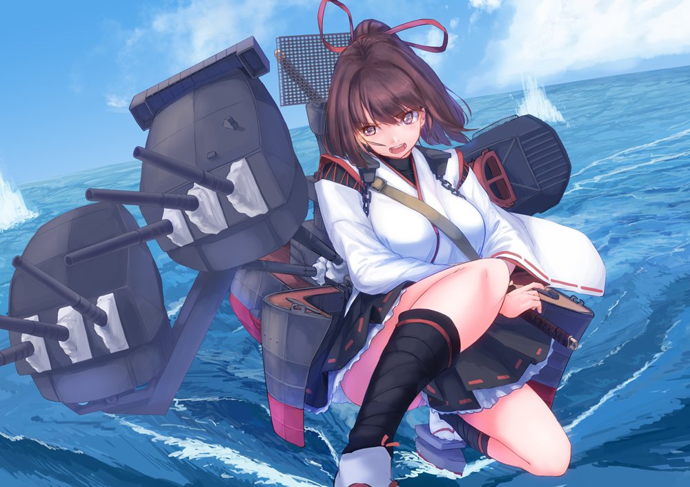 bangs belt black_skirt breasts brown_eyes brown_hair cannon chain commentary day full_body hair_ribbon holding holding_sword holding_weapon ise_(kantai_collection) kantai_collection katana large_breasts looking_to_the_side nontraditional_miko ocean open_mouth panties pantyshot ponytail remodel_(kantai_collection) ribbon rigging sandals shiragiku1991 skirt sky solo squatting sword turret undershirt underskirt underwear weapon