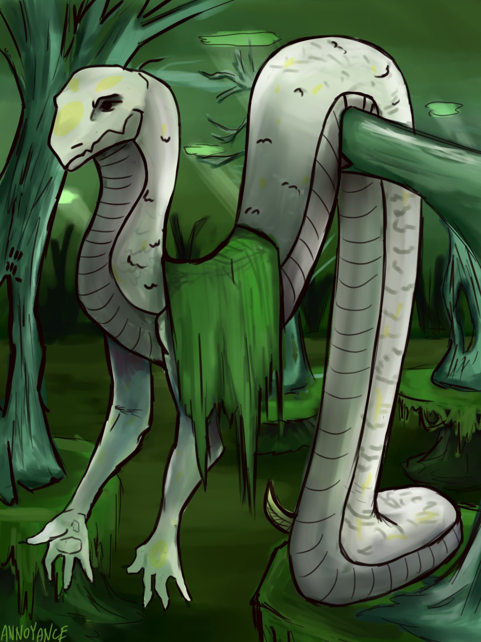 4_fingers annoyance chonis hanging_(disambiguation) hi_res male moss naga reptile scalie snake swamp