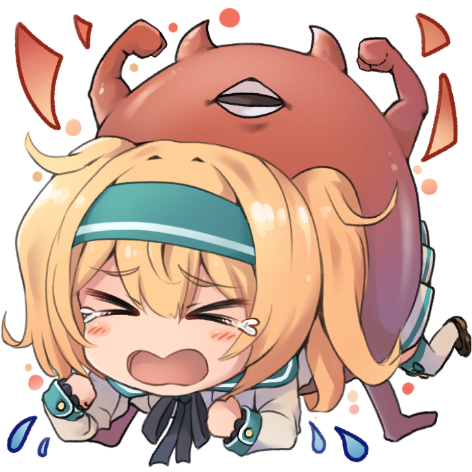 &gt;_&lt; ahoge alternate_costume bangs blonde_hair blush breasts commentary_request crying dyson_(edaokunnsaikouya) enemy_lifebuoy_(kantai_collection) eyebrows_visible_through_hair flexing gambier_bay_(kantai_collection) hair_between_eyes hairband kantai_collection large_breasts long_hair long_sleeves neck_ribbon open_mouth pose ribbon shinkaisei-kan sidelocks simple_background stuck tears twintails white_background
