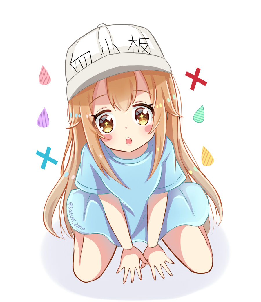 1girl bangs between_legs blue_shirt blush_stickers brown_eyes commentary_request eyebrows_visible_through_hair flat_cap hair_between_eyes hand_between_legs hat hataraku_saibou light_brown_hair long_hair open_mouth platelet_(hataraku_saibou) round_teeth satori_(ymoy) shirt short_sleeves sitting solo teeth translation_request twitter_username upper_teeth very_long_hair wariza water_drop white_background white_hat