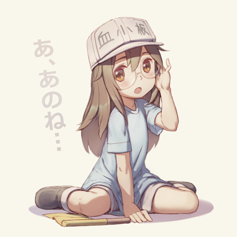 :o adjusting_eyewear ankle_boots arm_up bangs bespectacled between_legs black_footwear blue_shirt blush boots brown_eyes brown_hair character_name commentary_request flag flat_cap full_body glasses grey_hat grey_shorts hair_between_eyes hat hataraku_saibou long_hair looking_at_viewer on_floor open_mouth platelet_(hataraku_saibou) rotix shirt short_sleeves shorts simple_background sitting solo translated wariza white_background