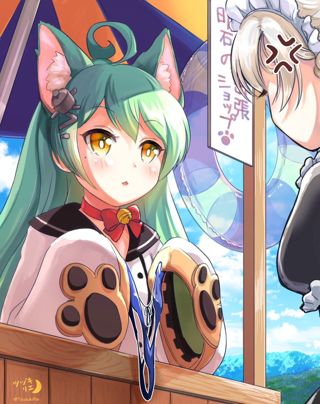 ahoge akashi_(azur_lane) anger_vein animal_ears azur_lane bangs beach_umbrella bell black_sailor_collar blue_sky blue_swimsuit blush bow brown_eyes cat_ears choker cloud cloudy_sky commentary_request day dress eye_contact eyebrows_visible_through_hair facing_away hair_between_eyes hair_ornament highres holding holding_swimsuit innertube jingle_bell light_brown_hair long_sleeves looking_at_another maid_headdress mountain multiple_girls outdoors parted_lips puffy_short_sleeves puffy_sleeves red_bow red_choker sailor_collar sailor_dress sheffield_(azur_lane) short_sleeves sidelocks sky sleeves_past_fingers sleeves_past_wrists solo_focus stall striped swimsuit swimsuit_removed translation_request tsuzuki_rie twitter_username umbrella white_dress