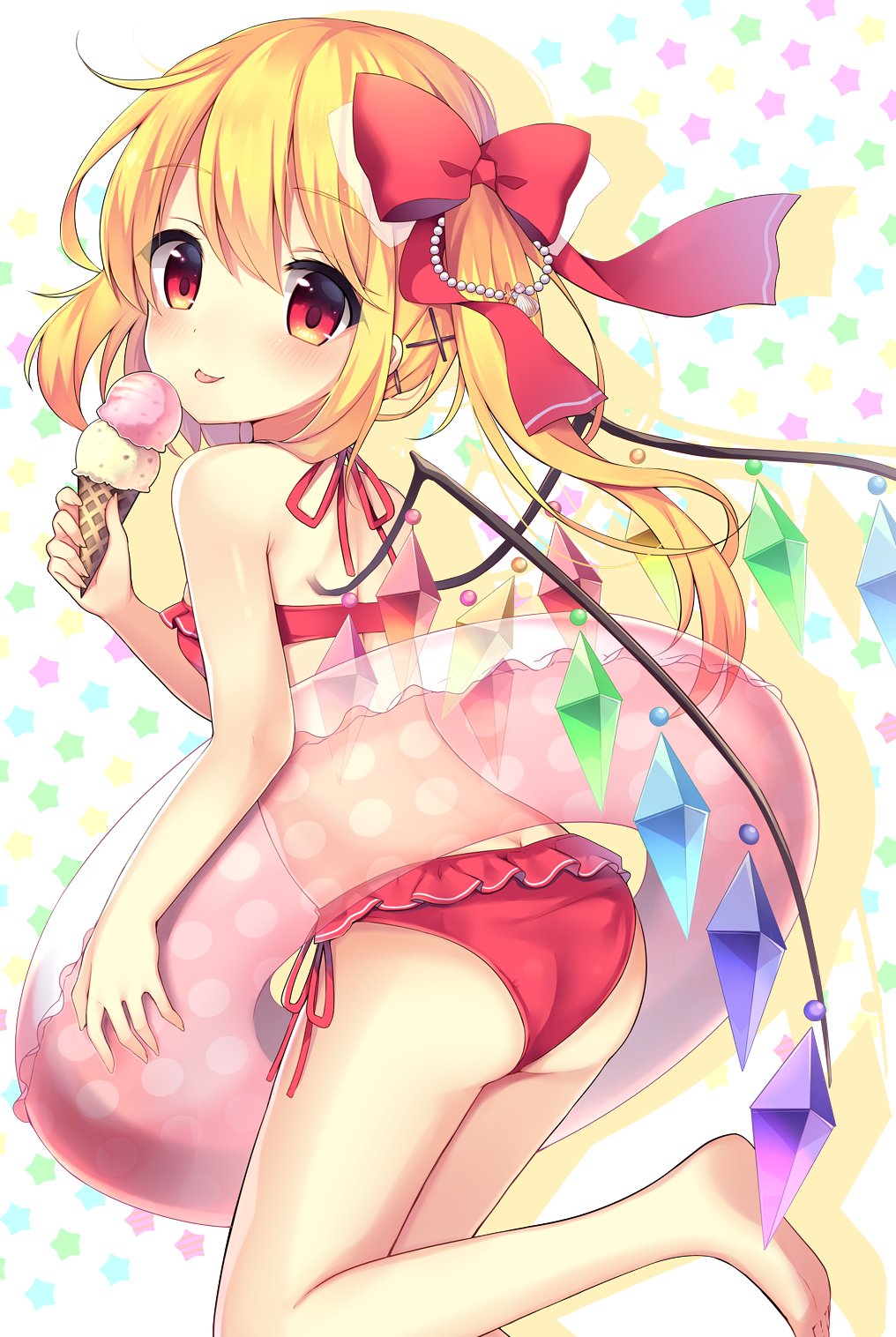:p ass bare_arms bare_legs bare_shoulders barefoot beads bikini blush bow commentary_request crystal eyebrows_visible_through_hair feet_out_of_frame flandre_scarlet food from_behind hair_beads hair_between_eyes hair_bow hair_ornament hairclip halterneck highres holding holding_food ice_cream ice_cream_cone innertube leg_up long_hair looking_at_viewer looking_back no_hat no_headwear red_bikini red_bow ruhika seashell_hair_ornament side-tie_bikini side_ponytail silhouette smile solo star starry_background swimsuit thighs tongue tongue_out touhou white_background wings x_hair_ornament