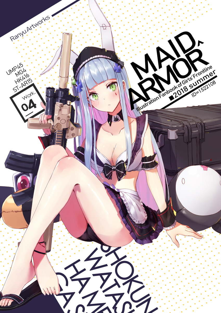 alternate_costume animal_ears apron arm_garter arm_support artist_name assault_rifle bangs barefoot bikini black_footwear blunt_bangs blush breasts bunny_ears case character_name cleavage collar collarbone commentary_request dinergate_(girls_frontline) enmaided eyebrows_visible_through_hair facial_mark frills full_body girls_frontline gloves green_eyes gun hair_ornament head_tilt heckler_&amp;_koch highres hk416 hk416_(girls_frontline) holding holding_gun holding_weapon knees_up long_hair looking_at_viewer maid maid_apron maid_headdress mechanical_ears medium_breasts miniskirt ranyu rifle sandals shiny shiny_skin sidelocks silver_hair single_sandal sitting skirt solo swimsuit teardrop thighhighs very_long_hair weapon wrist_cuffs
