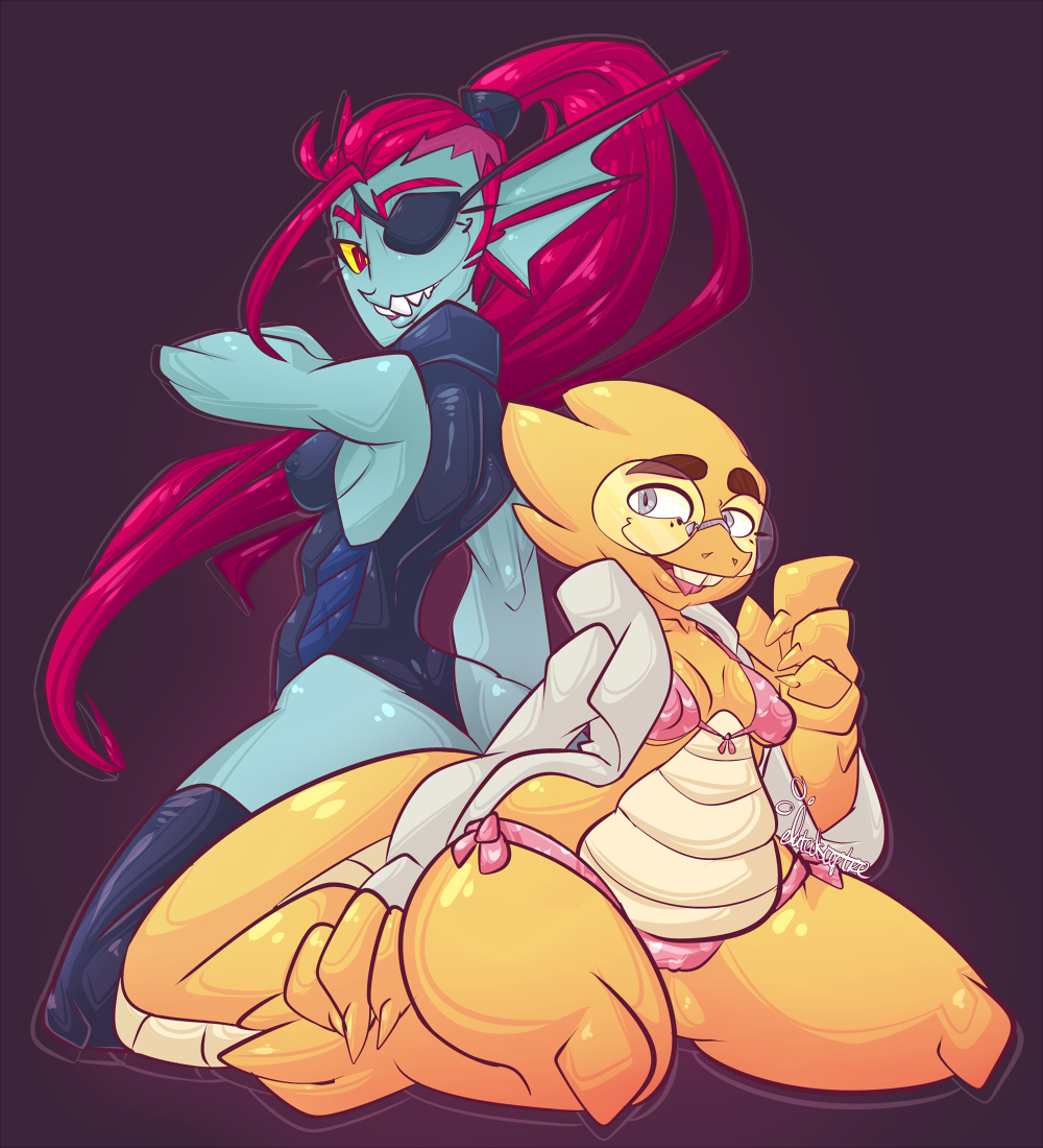 alphys bikini blue_eyes breasts camel_toe clothing elatedsceptre eye_patch eyewear female glasses hair nerfocalypse nipple_bulge red_eyes red_hair smile swimsuit undertale undyne video_games yellow_sclera