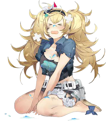 &gt;_&lt; akira_(kadokawa) bandages belt blonde_hair blue_eyes blue_shirt breast_pocket breasts buttons cleavage collarbone collared_shirt crying fish full_body gambier_bay_(kantai_collection) hair_between_eyes hairband kantai_collection large_breasts lowres official_art open_mouth pocket sandals shirt short_sleeves shorts tears torn_clothes transparent_background twintails