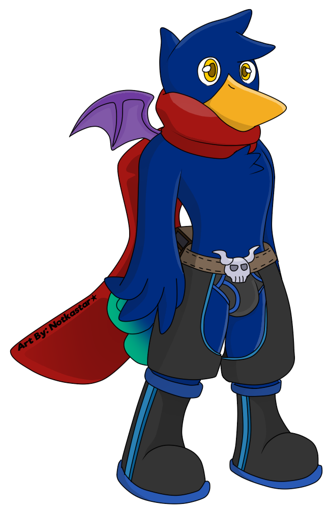 2018 alpha_channel anthro avian beak bird blue_feathers boots briefs bulge chaps clothed clothing demon digital_media_(artwork) disgaea english_text feathers finch footwear hair hi_res male mammal membranous_wings notkastar notska_(character) partially_clothed prinny red_scarf scarf signature simple_background solo text underwear video_games wings yellow_eyes