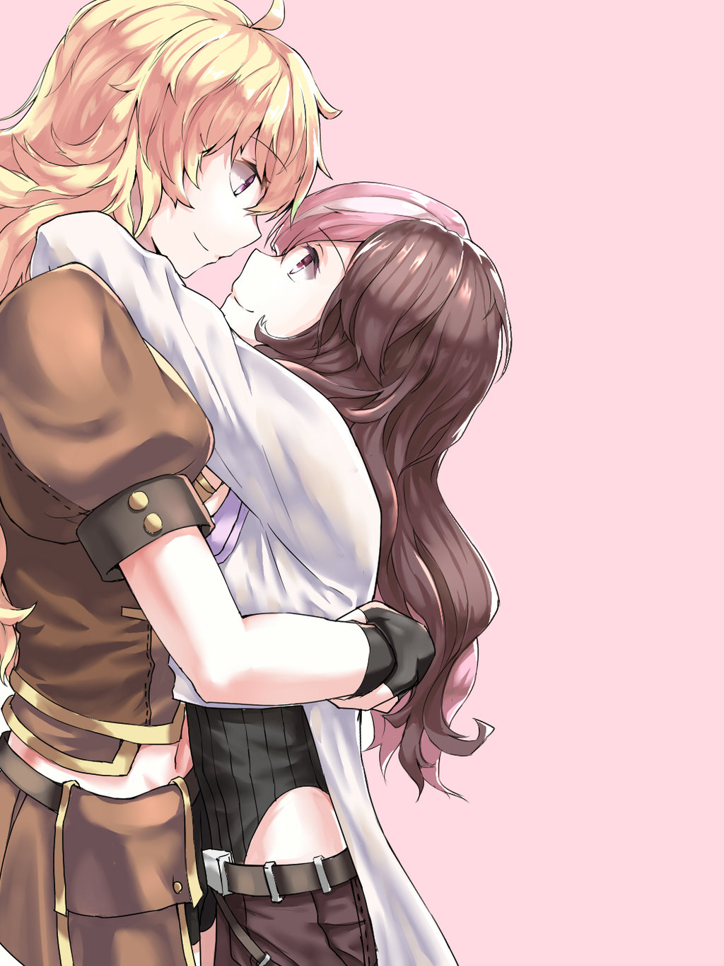 2girls blonde_hair brown_hair fingerless_gloves gloves height_difference highres hug looking_at_another multicolored_hair multiple_girls navel neo_(rwby) pink_hair rwby smile tl yang_xiao_long yuri