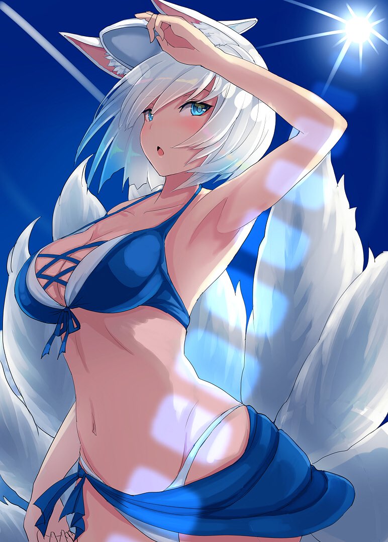 :o alternate_costume animal_ears arm_up armpits azur_lane bangs bikini blue_bikini blue_eyes blue_sarong blue_sky blush breasts cleavage commentary_request day eyebrows_visible_through_hair fox_ears fox_tail front-tie_top groin highleg highleg_bikini kaga_(azur_lane) large_breasts looking_at_viewer mask multiple_tails navel opanchu_(hakusen) open_mouth outdoors sarong short_hair sky solo stomach sun sunlight swimsuit tail tsurime white_hair