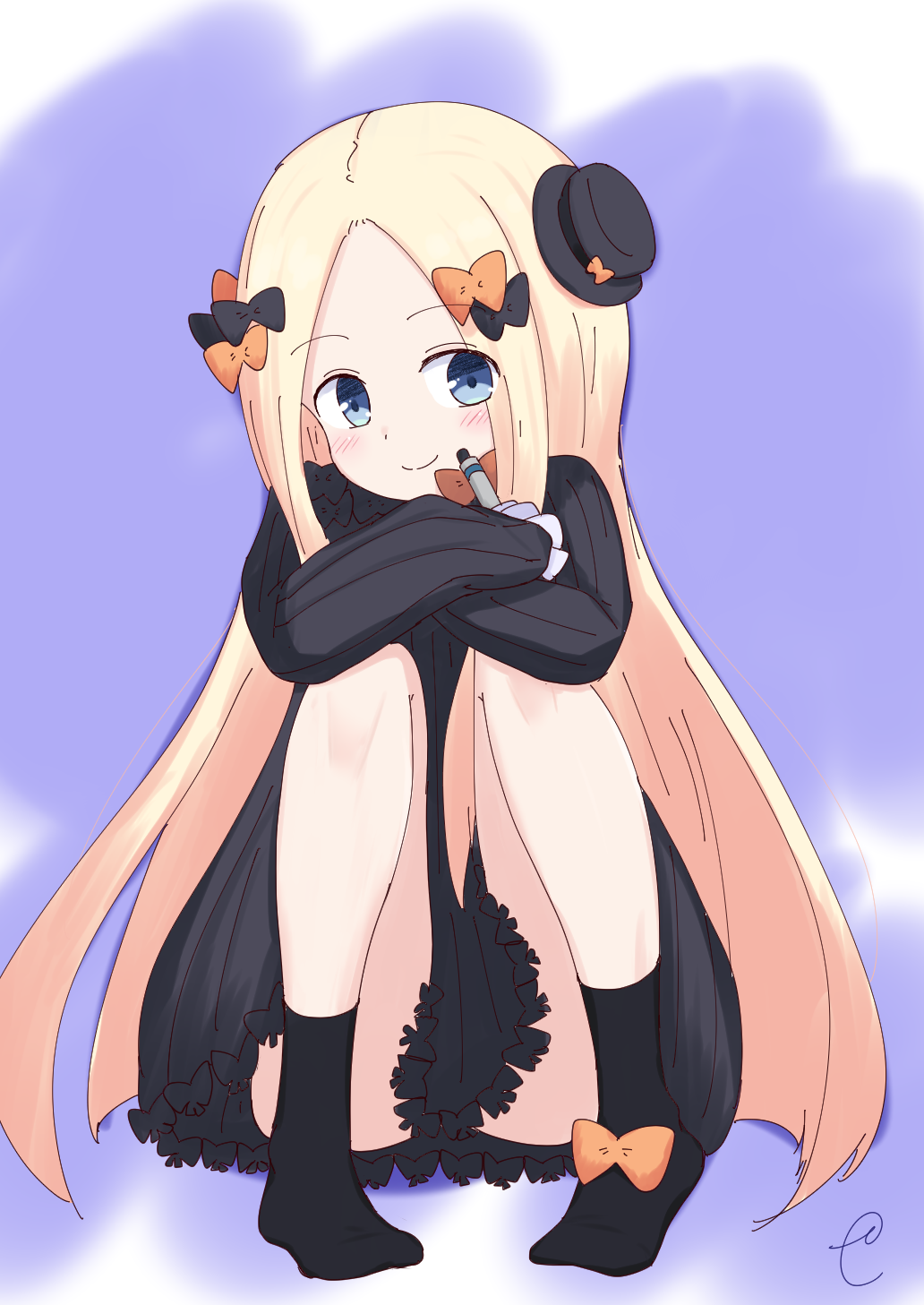 abigail_williams_(fate/grand_order) bangs black_bow black_dress black_footwear black_hat blonde_hair blue_eyes blush bow bug butterfly closed_mouth commentary_request dress eyebrows_visible_through_hair fate/grand_order fate_(series) forehead hair_bow hat head_tilt highres holding insect kujou_karasuma long_hair long_sleeves looking_at_viewer mini_hat no_shoes orange_bow parted_bangs pigeon-toed polka_dot polka_dot_bow purple_background sitting sleeves_past_fingers sleeves_past_wrists smile socks solo tilted_headwear very_long_hair