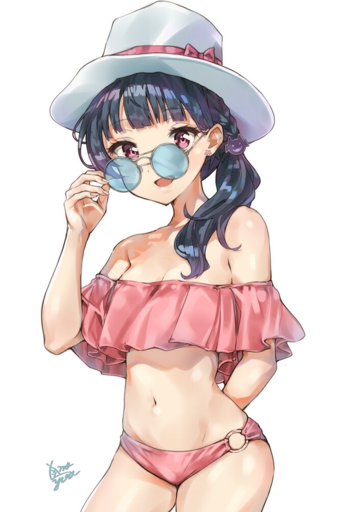 bikini birthday blue_eyes breasts cleavage commentary earrings happy_birthday hat jewelry looking_at_viewer love_live! love_live!_sunshine!! pink_eyes ponytail signature small_breasts solo sunglasses swimsuit takenoko_no_you tsushima_yoshiko