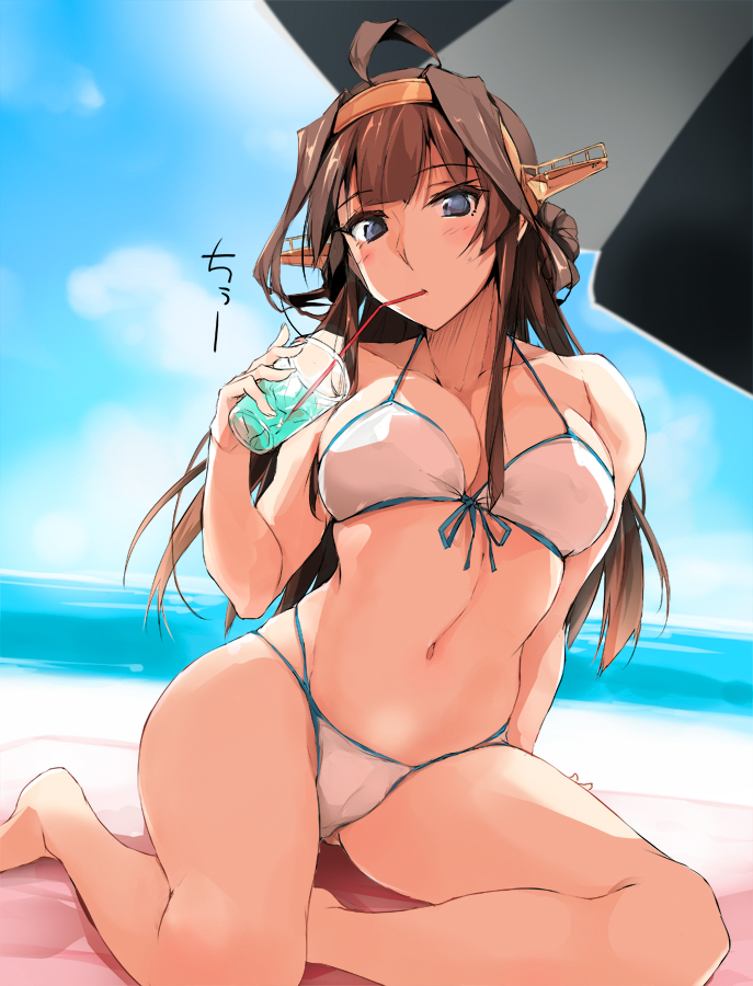 ahoge alternate_costume arm_support beach beach_towel beach_umbrella bikini blue_eyes blue_sky breasts brown_hair cleavage closed_mouth cloud collarbone cup day disposable_cup double_bun drinking drinking_straw front-tie_bikini front-tie_top headgear kantai_collection kongou_(kantai_collection) large_breasts long_hair looking_at_viewer multi-strapped_bikini navel ocean outdoors sand shadow sidelocks sitting skindentation sky solo swimsuit thighs towel umbrella white_bikini zekkyon