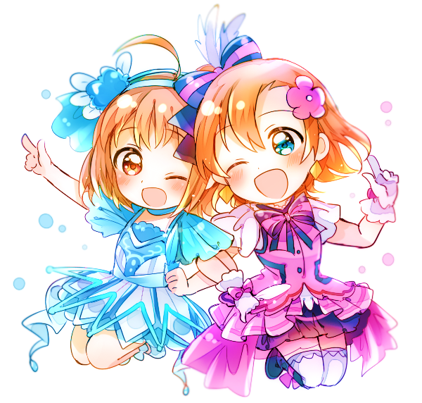 ;d ahoge arm_up bangs blue_dress blue_eyes blush boots bow bowtie chibi dress earrings feathers flower gloves hair_bow hair_feathers hair_flower hair_ornament hairband hand_up index_finger_raised jewelry jumping kanarin97 kira-kira_sensation! kousaka_honoka locked_arms love_live! love_live!_school_idol_project love_live!_sunshine!! multiple_girls one_eye_closed open_mouth orange_hair overskirt pink_dress red_eyes short_hair smile striped striped_neckwear takami_chika thighhighs water_blue_new_world white_background white_gloves