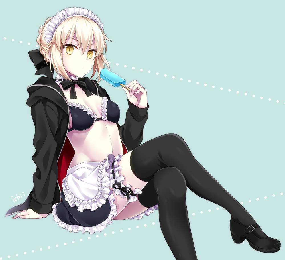 apron arm_support artoria_pendragon_(all) artoria_pendragon_(swimsuit_rider_alter) bikini_top black_bikini_top black_footwear black_jacket black_legwear black_skirt blonde_hair braid breasts closed_mouth commentary crossed_legs fate/grand_order fate_(series) fingernails food frilled_apron frilled_bikini_top frilled_skirt frills hand_up high_heels holding holding_food hood hood_down hooded_jacket jacket kubyou_azami leg_garter long_sleeves looking_at_viewer maid_headdress mary_janes open_clothes open_jacket popsicle shoes sidelocks sitting skirt sleeves_past_wrists small_breasts solo thighhighs waist_apron white_apron yellow_eyes