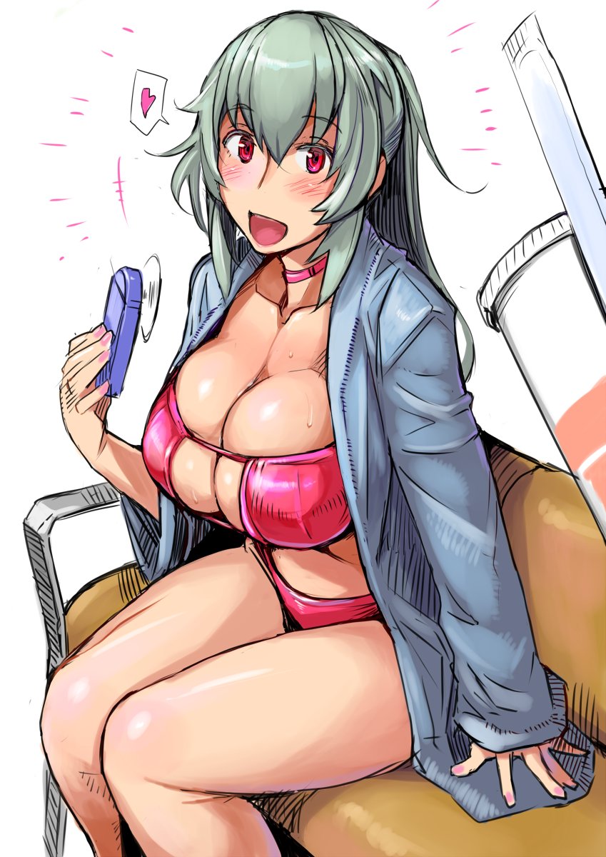 bikini breasts choker cleavage collarbone commentary cup disposable_cup drinking_straw electric_fan eyebrows_visible_through_hair eyepatch_bikini green_hair hair_between_eyes handheld_fan heart highres jacket large_breasts long_hair nail_polish open_mouth red_bikini red_eyes rozen_maiden sidelocks sitting smile spoken_heart suigintou sweat swimsuit tsuda_nanafushi white_background