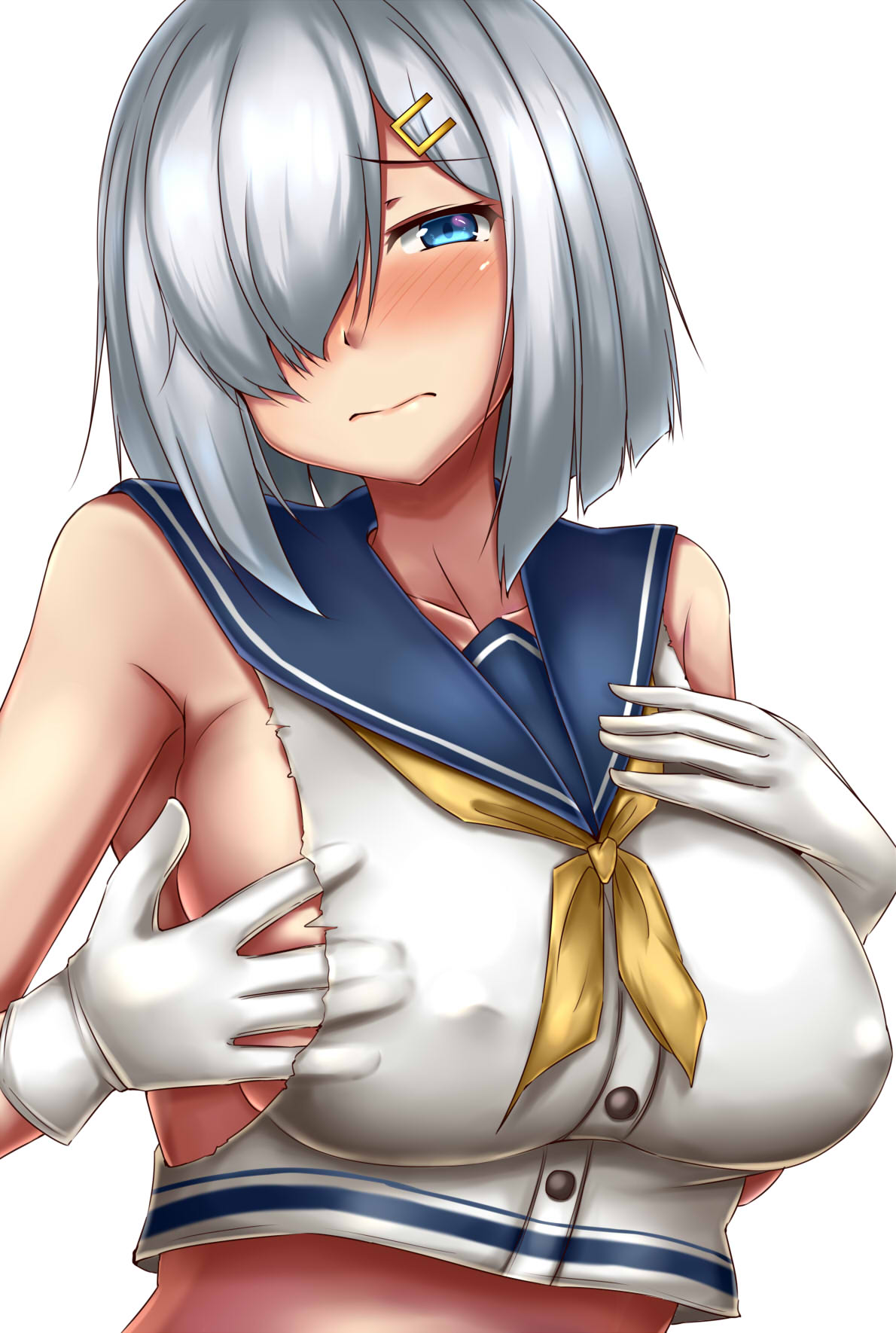 adapted_costume blue_eyes blush breasts collarbone covered_nipples crop_top gloves hair_ornament hair_over_one_eye hairclip hamakaze_(kantai_collection) highres kantai_collection large_breasts looking_at_viewer neckerchief no_bra shirt silver_hair simple_background sleeveless sleeveless_shirt solo terakoya upper_body white_background white_gloves white_shirt yellow_neckwear