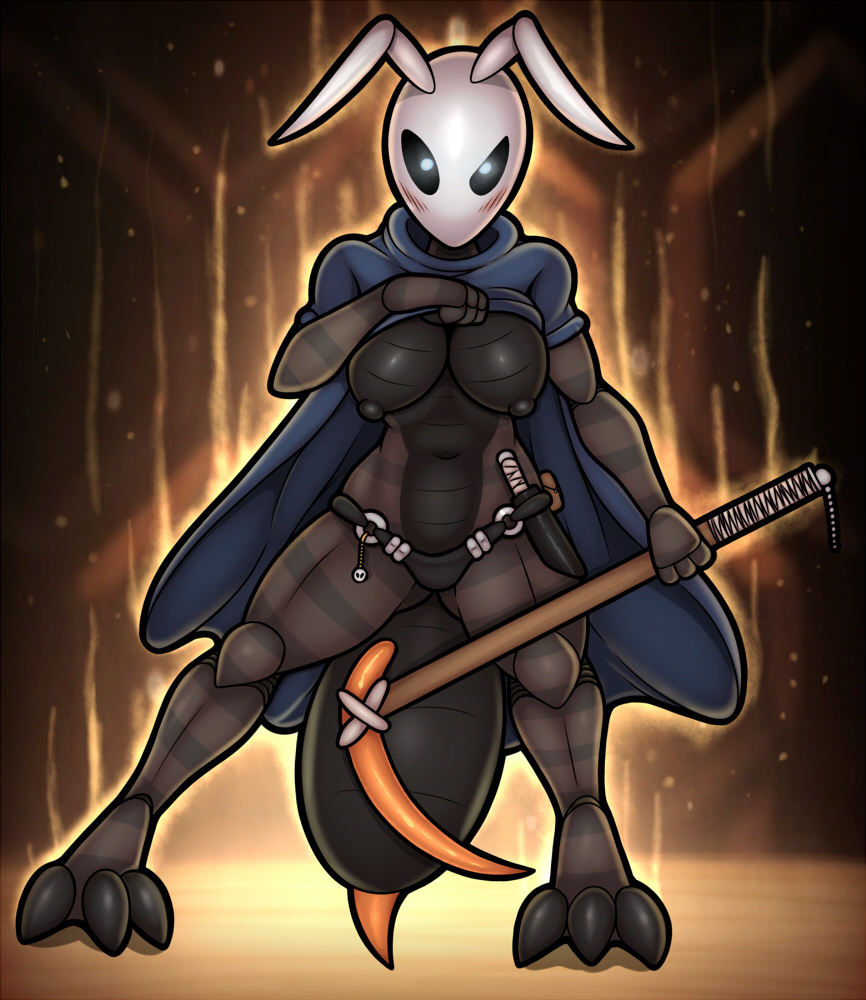 3_fingers 3_toes arthropod bee black_exoskeleton black_eyes black_nipples blue_pupils blush breasts brown_exoskeleton clothed clothing clothing_lift dagger female hollow_knight insect kurtassclear melee_weapon navel nipples panties polearm polleen presenting presenting_breasts scythe shirt shirt_lift simple_background solo toes underwear weapon white_background