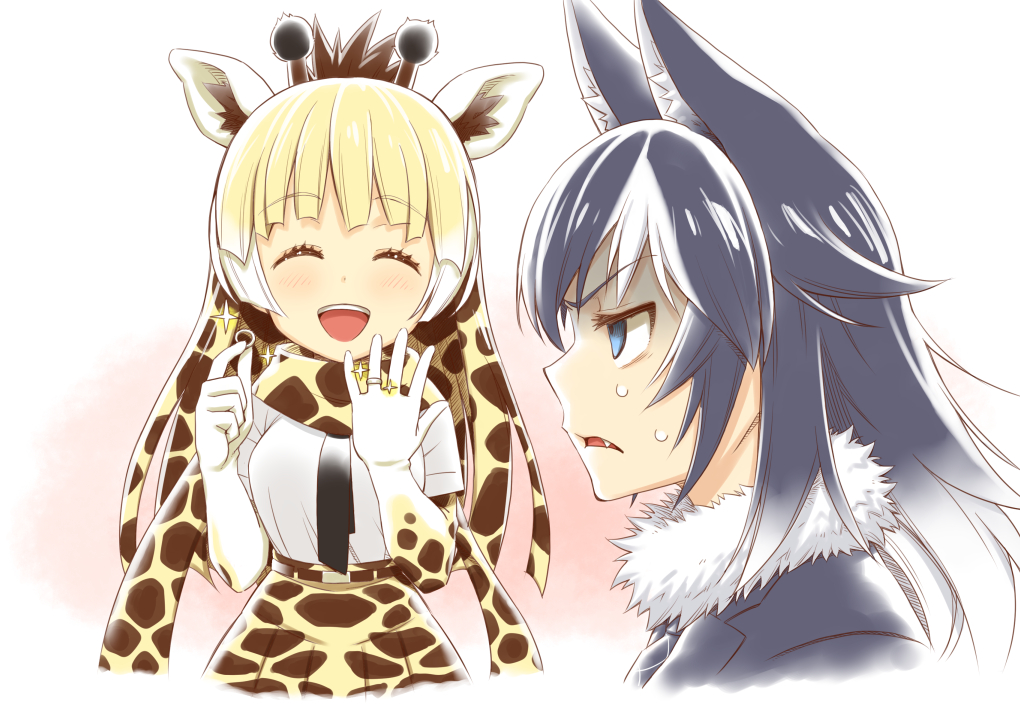 ^_^ animal_ears bangs black_hair black_neckwear blazer blonde_hair blue_eyes brown_hair closed_eyes commentary_request elbow_gloves eyebrows_visible_through_hair fang fur_collar giraffe_ears giraffe_horns giraffe_print gloves gradient_hair grey_wolf_(kemono_friends) half-closed_eyes hands_up holding holding_ring jacket jewelry kemono_friends long_hair multicolored_hair multiple_girls necktie open_mouth outstretched_hand parted_lips plaid_neckwear print_gloves print_neckwear print_skirt reticulated_giraffe_(kemono_friends) ring scarf shirt short_sleeves sidelocks skirt smile sparkle sweat sweating_profusely turn_pale two-tone_hair upper_body v-shaped_eyebrows wedding_band white_hair white_shirt wolf_ears wolf_girl zawashu |d